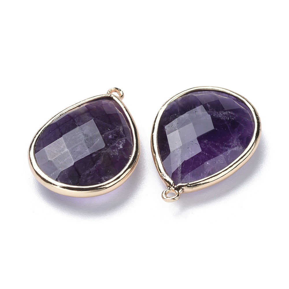 Natural Amethyst Faceted Teardrop Gemstone Pendants, Purple Color. Semi-precious Gemstone Pendant for DIY Jewelry Making. Gorgeous Centre piece for Necklaces.   Size: 28-29.5mm Length, 19-20mm Width, 7mm Thick, Hole: 1.22mm, Qty: 1pcs/package.  Material: Genuine Amethyst Stone Pendant, Light Gold Plated Brass Findings. Tear Drop Shaped Stone Pendants. Shinny, Polished Finish. 