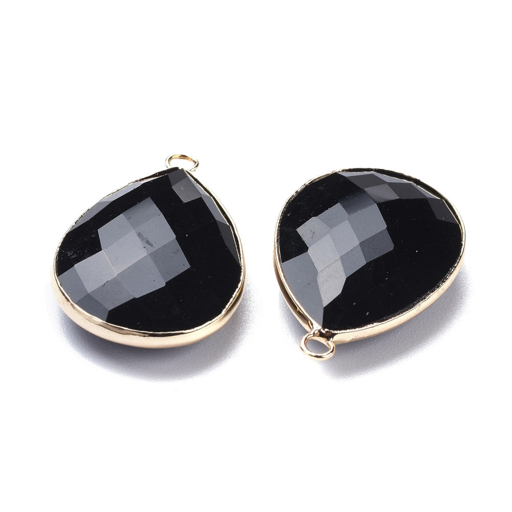 Natural Black Obsidian Faceted Teardrop Gemstone Pendants, Black Color. Semi-precious Gemstone Pendant for DIY Jewelry Making. Gorgeous Centre piece for Necklaces.   Size: 28-29.5mm Length, 19-20mm Width, 7mm Thick, Hole: 1.22mm, Qty: 1pcs/package.  Material: Genuine Oobsidian Stone Pendant, Light Gold Plated Brass Findings. Tear Drop Shaped Stone Pendants. Shinny, Polished Finish. 