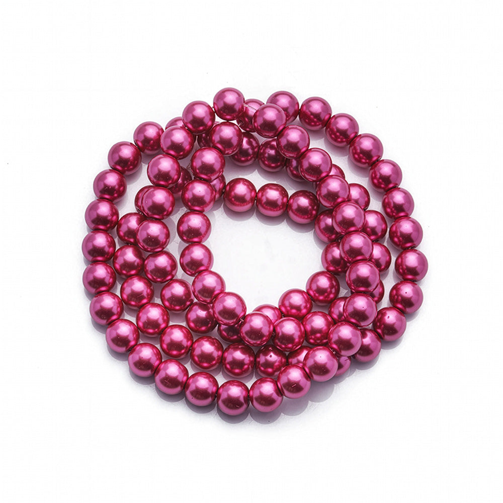 Glass pearl beads, round, magenta hot pink color pearls for jewelry making.