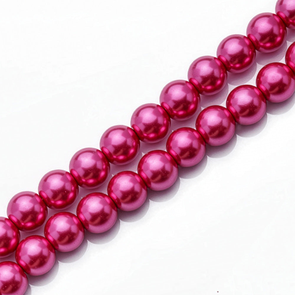 Glass pearl beads, round, magenta hot pink color pearls for jewelry making.