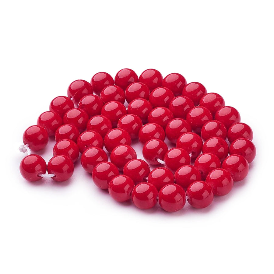 Discover our stunning Red Mashan Jade Beads: 8mm round hot red gemstone beads with polished finish, perfect for jewelry making.   Size: 8mm Diameter, Hole: 1mm; approx. 48pcs/strand, 15" inches long.  Material: The Beads are Mashan Jade, Dyed Red Jade Beads. Polished Finish.   