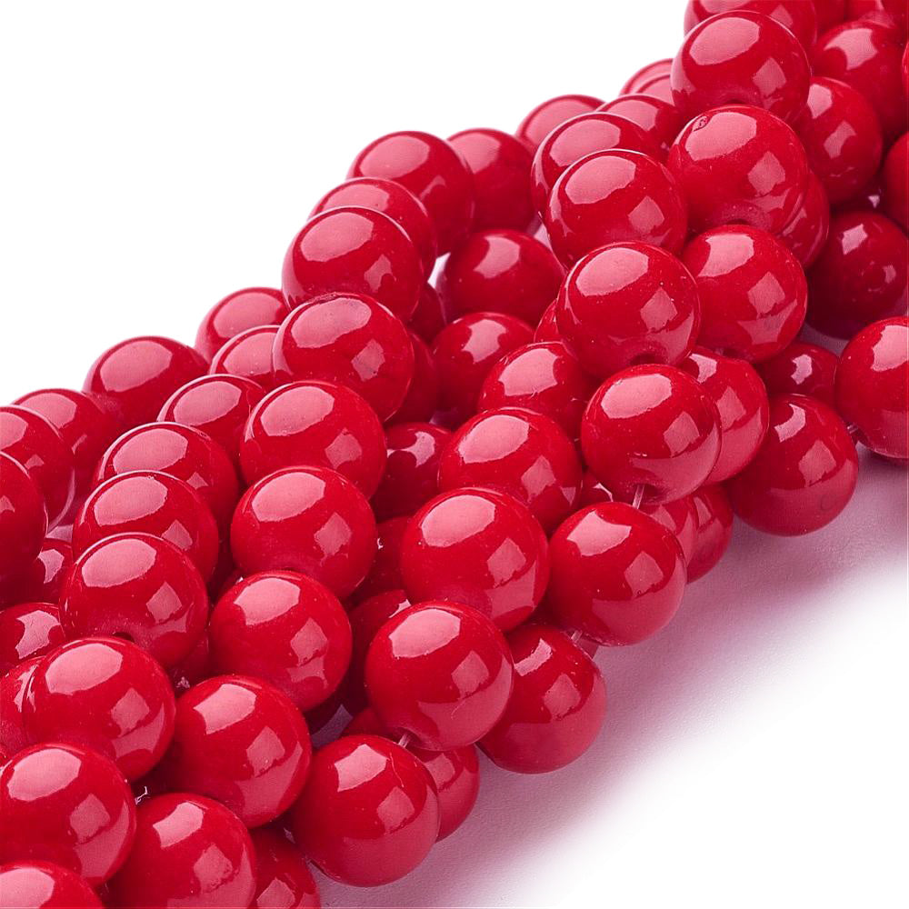 Discover our stunning Red Mashan Jade Beads: 8mm round hot red gemstone beads with polished finish, perfect for jewelry making.   Size: 8mm Diameter, Hole: 1mm; approx. 48pcs/strand, 15" inches long.  Material: The Beads are Mashan Jade, Dyed Red Jade Beads. Polished Finish.   