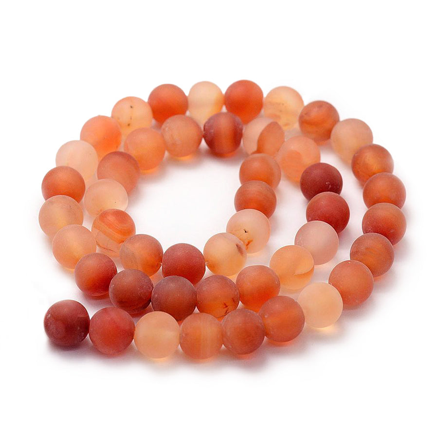 Natural Carnelian Matte Stone Beads, Round, Orange Red Color. Frosted Semi-Precious Gemstone Beads for DIY Jewelry Making.   Size: 8mm Diameter, Hole: 1mm; approx. 44-48pcs/strand, 15" Inches Long.  Material: Natural Carnelian Stone Beads. Variance of Orange and Red Color. Matte Unpolished Finish.   Carnelian Properties: Carnelian Stone Symbolizes Bold Energy, Warmth, and Joy. The Stone is also Associated with Courage, Leadership, Endurance and Motivation.