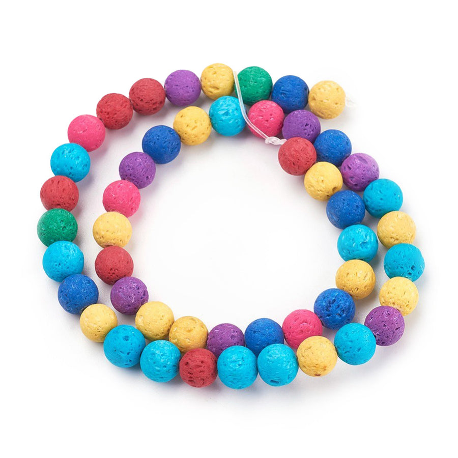 Multi-Colored Lava Stone Beads, Round, Bumpy, Playful, Vibrant Multi-Color. Semi-Precious Lava Stone Beads for Jewelry Making.   Size: 8mm Diameter, Hole: 1mm; approx. 48pcs/strand, 15" inches long.  Material:  Natural Porous Lava Stone Beads, Dyed, Bumpy, Round Beads.