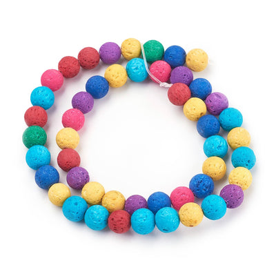 Multi-Colored Lava Stone Beads, Round, Bumpy, Playful, Vibrant Multi-Color. Semi-Precious Lava Stone Beads for Jewelry Making.   Size: 8mm Diameter, Hole: 1mm; approx. 48pcs/strand, 15" inches long.  Material:  Natural Porous Lava Stone Beads, Dyed, Bumpy, Round Beads.