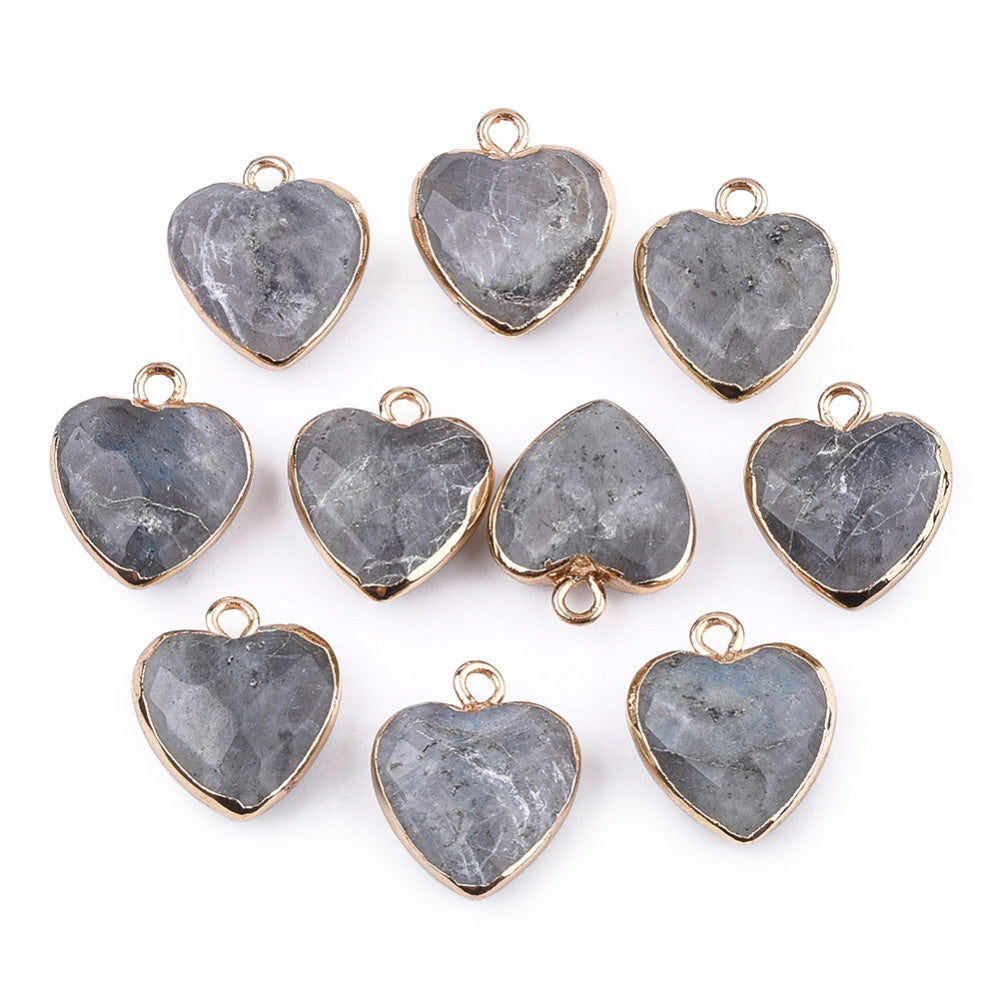 Faceted Grey Labradorite Heart Charms, Light Grey Color with Gold Plated Findings. Semi-precious Gemstone Pendant for DIY Jewelry Making.  Size: 16-17mm Length, 14-15mm Wide, 6-7mm Thick, Hole: 1.8mm, 1pcs/package.   Material: Natural Labradorite Stone Pendant, Gold Toned Findings. Heart Shaped Stone Pendants. Faceted Polished Finish. 
