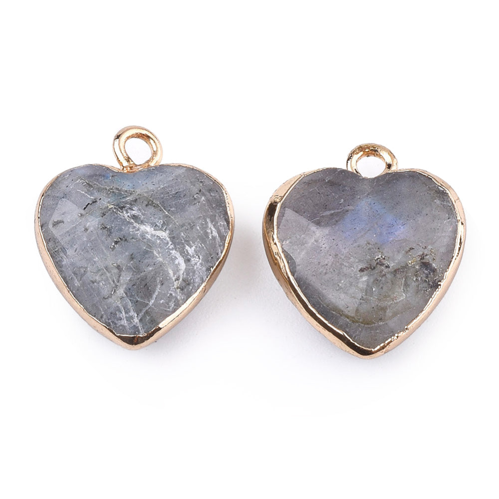 Faceted Grey Labradorite Heart Charms, Light Grey Color with Gold Plated Findings. Semi-precious Gemstone Pendant for DIY Jewelry Making.  Size: 16-17mm Length, 14-15mm Wide, 6-7mm Thick, Hole: 1.8mm, 1pcs/package.   Material: Natural Labradorite Stone Pendant, Gold Toned Findings. Heart Shaped Stone Pendants. Faceted Polished Finish. 
