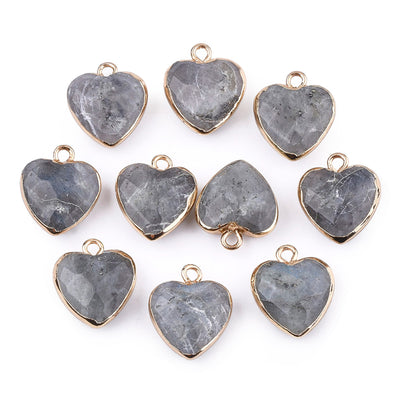 Faceted Grey Labradorite Heart Charms, Light Grey Color with Gold Plated Findings. Semi-precious Gemstone Pendant for DIY Jewelry Making.  Size: 16-17mm Length, 14-15mm Wide, 6-7mm Thick, Hole: 1.8mm, 1pcs/package.   Material: Natural Labradorite Stone Pendant, Gold Toned Findings. Heart Shaped Stone Pendants. Faceted Polished Finish. 