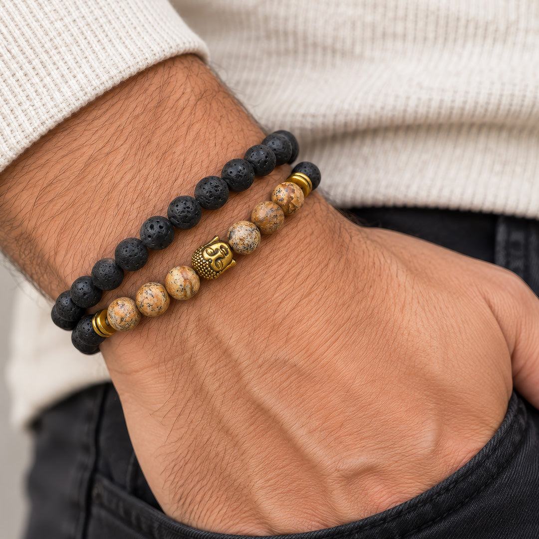 Picture Jasper, Lava Rock, Buddha Head Beaded Bracelet