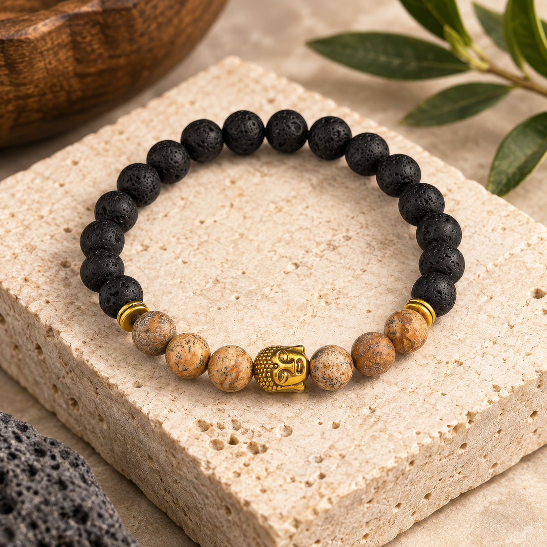 Picture Jasper, Lava Rock, Buddha Head Beaded Bracelet