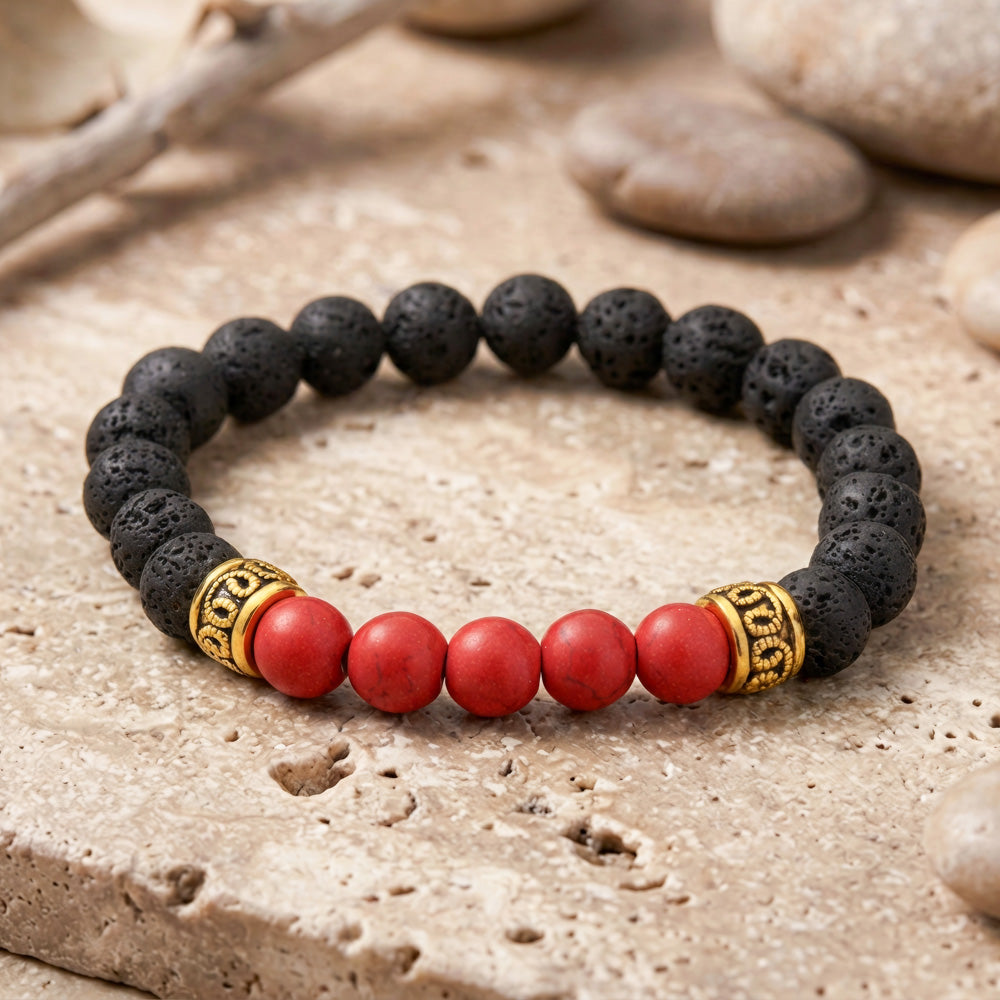 Red Howlite &amp; Lava Rock Beaded Stretch Bracelet