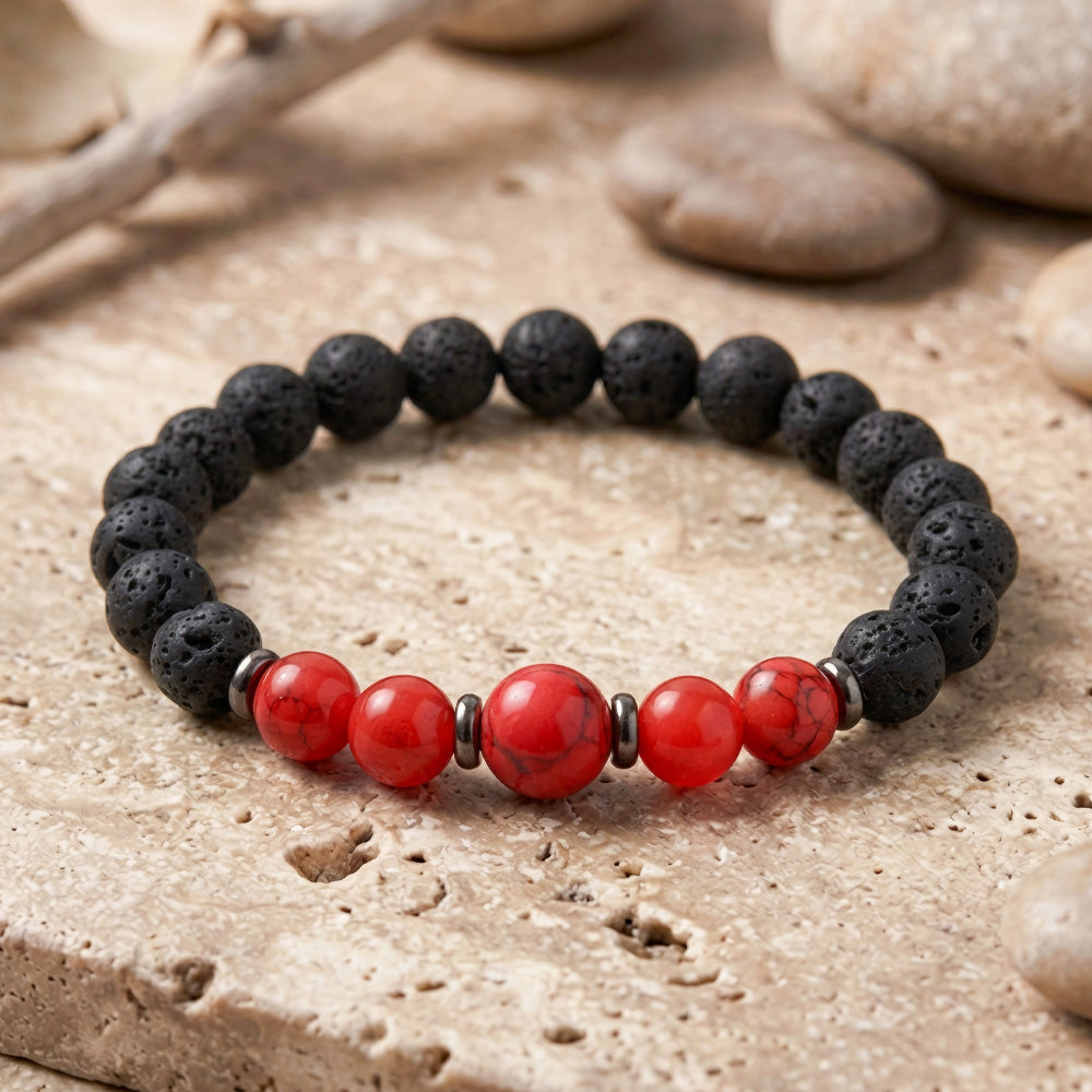 Red Jade, Red Howlite &amp; Lava Rock Gemstone Bracelet