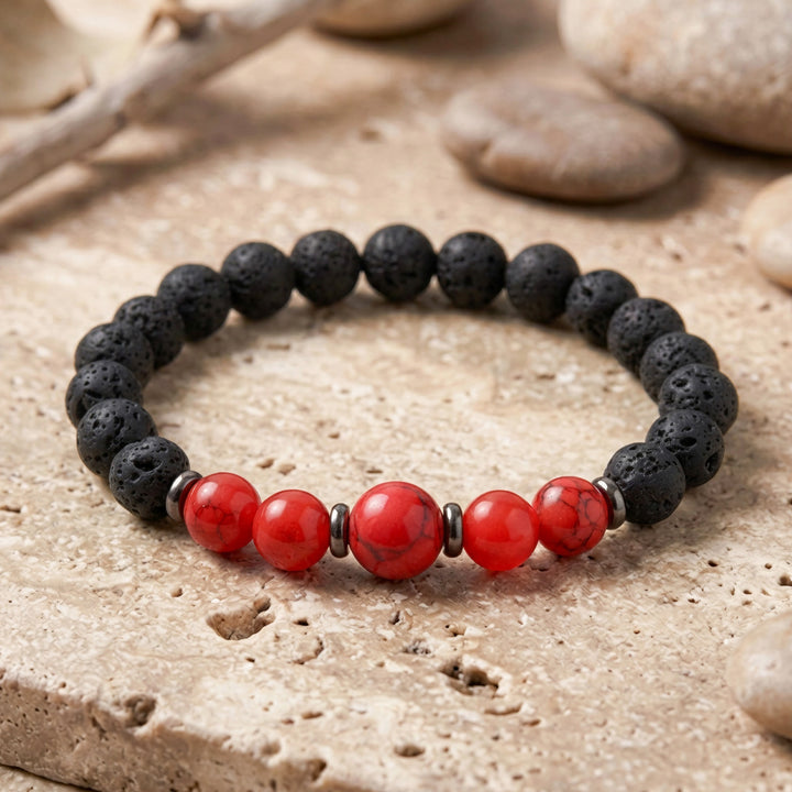 Red Jade, Red Howlite &amp; Lava Rock Gemstone Bracelet