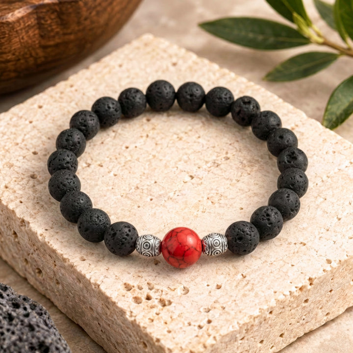 Red Howlite &amp; Lava Rock Stretch Bracelet