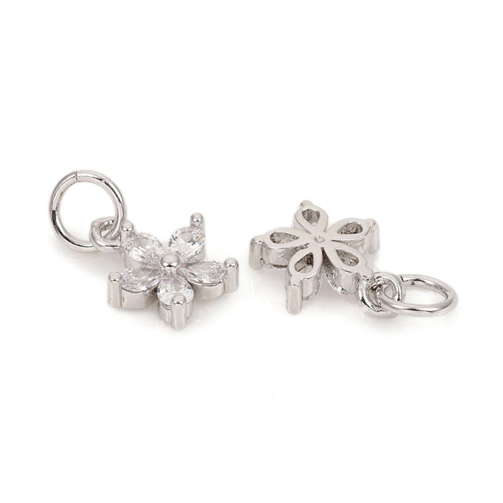 Cubic Zirconia Flower Charms, Platinum Brass Pendant 9x8mm, Qty: 1pcs