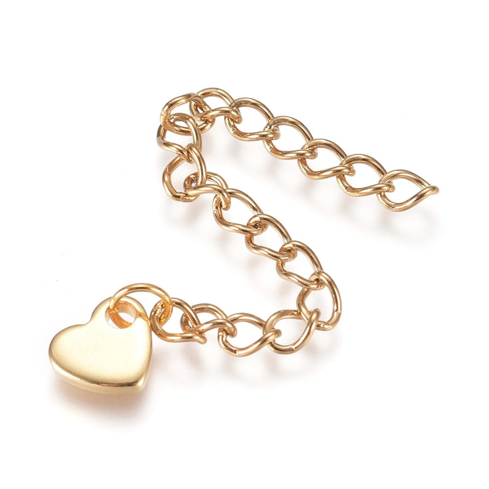 Stainless Steel Chain Extender Golden, Heart Shape.

Size: 60mm Length, Link size: 4x3x05mm

Qty: 1 pcs per package

Material: 304 Stainless Steel. Golden Colored Chain Extender.&nbsp;