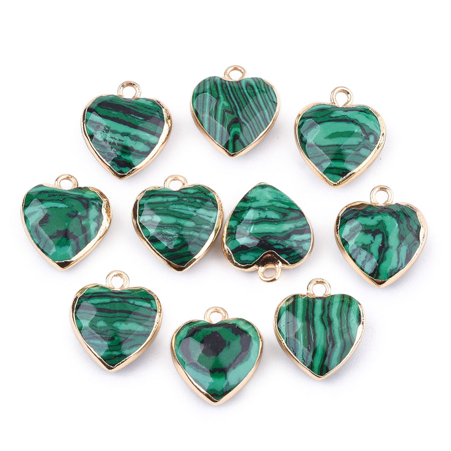Electroplated, Faceted Synthetic Malachite Heart Charms, Green Color with Gold Plated Findings. Stone Pendant for DIY Jewelry Making.  Size: 16-17mm Length, 14-15mm Wide, 6-7mm Thick, Hole: 1.8mm, 1pcs/package.   Material: Synthetic Malachite Pendant, Gold Toned Findings. Heart Shaped Stone Pendants. Faceted Polished Finish. 