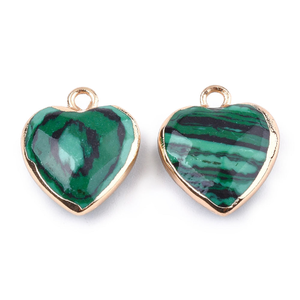 Electroplated, Faceted Synthetic Malachite Heart Charms, Green Color with Gold Plated Findings. Stone Pendant for DIY Jewelry Making.  Size: 16-17mm Length, 14-15mm Wide, 6-7mm Thick, Hole: 1.8mm, 1pcs/package.   Material: Synthetic Malachite Pendant, Gold Toned Findings. Heart Shaped Stone Pendants. Faceted Polished Finish. 