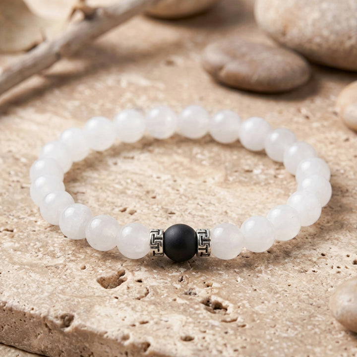 White Jade &amp; Matte Black Onyx Beaded Bracelet