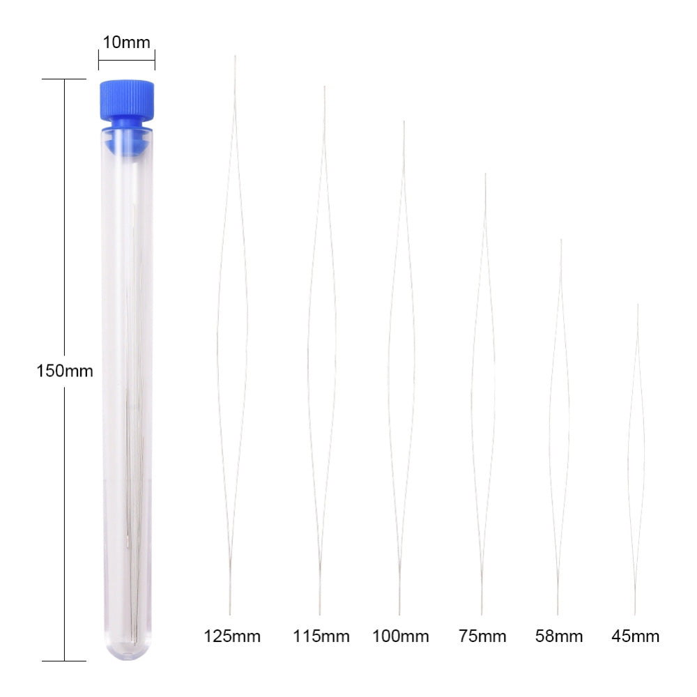 Big Eye Beading Needle Kit for Jewelry Making Projects. 6Pcs 6 Sizes High Carbon Steel Big Eye Beading Needles.  Size:  Needle: about 45x0.5x0.2mm, 1pc;  Needle: about 58x0.5x0.2mm, 1pc;  Needle: about 75x0.5x0.2mm, 1pc;  Needle: about 100x0.5x0.2mm, 1pc;  Needle: about 115x0.5x0.2mm, 1pc;  Needle: about 125x0.5x0.2mm, 1pc;  Plastic Tube: about 150x10mm, 1pc.