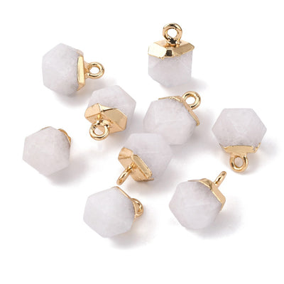 Natural White Jade Star Cut Pendants, Round, White Color. Semi-precious Gemstone Pendant for DIY Jewelry Making. Great as a Charm or Pendant.  Size: 11-12mm Length, 8-10mm Wide, Hole: 1.5mm, 1pcs/package.  Material: Natural White Jade Stone Pendant with Gold Plated Iron Loops. Star Cut Stone Pendants. Polished Finish. 
