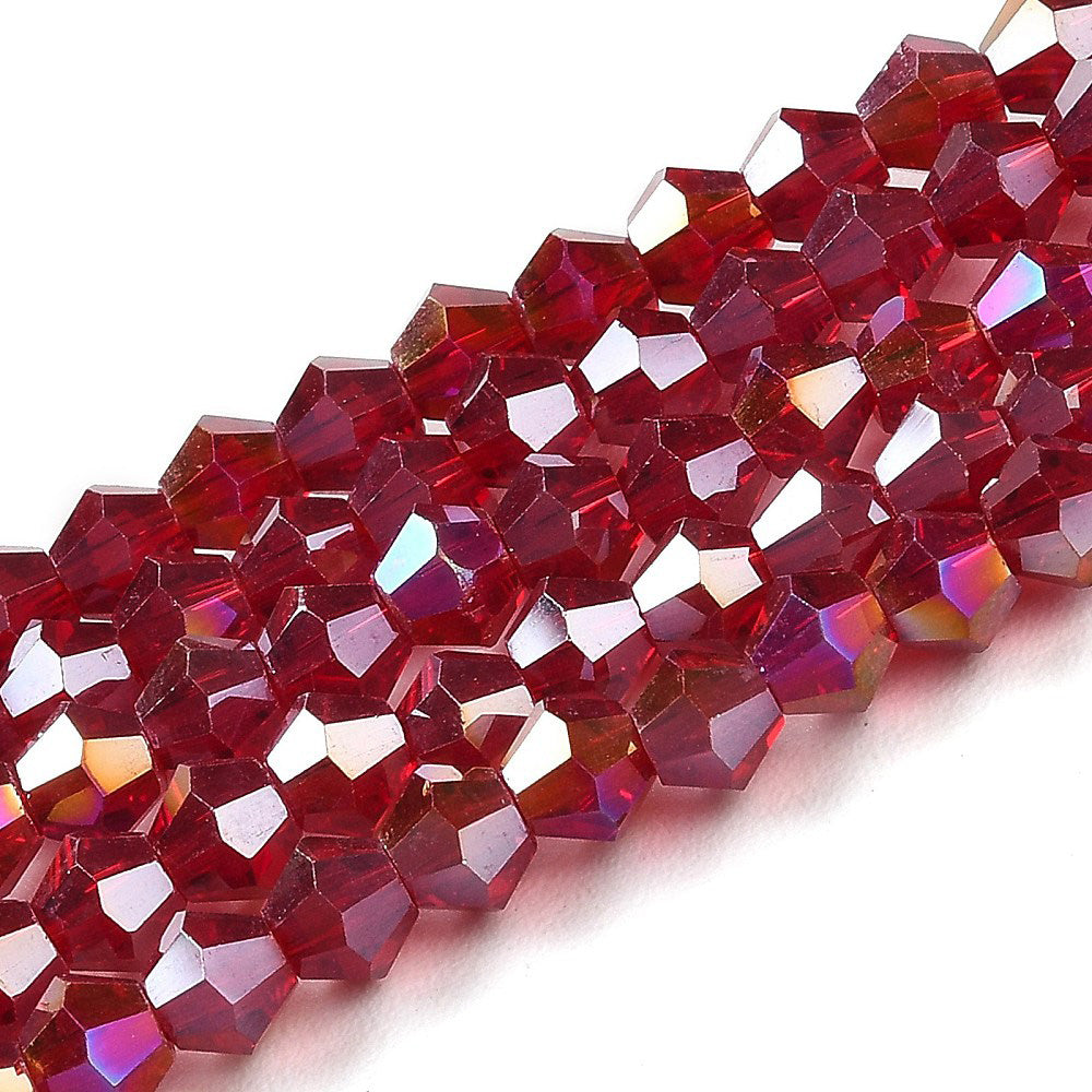 AB Color Plated Glass Beads, Faceted, Red Color, Bicone, Crystal Beads for Jewelry Making.

Size: 4mm Length, 4mm Width, Hole: 1mm; approx. 92pcs/strand, 13.75" inches long.

Material: Electroplated, AB Color Plated Austrian Crystal Imitation Glass Crystal Beads, Bicone, Red Colored Beads. Polished, Shinny Finish.&nbsp;