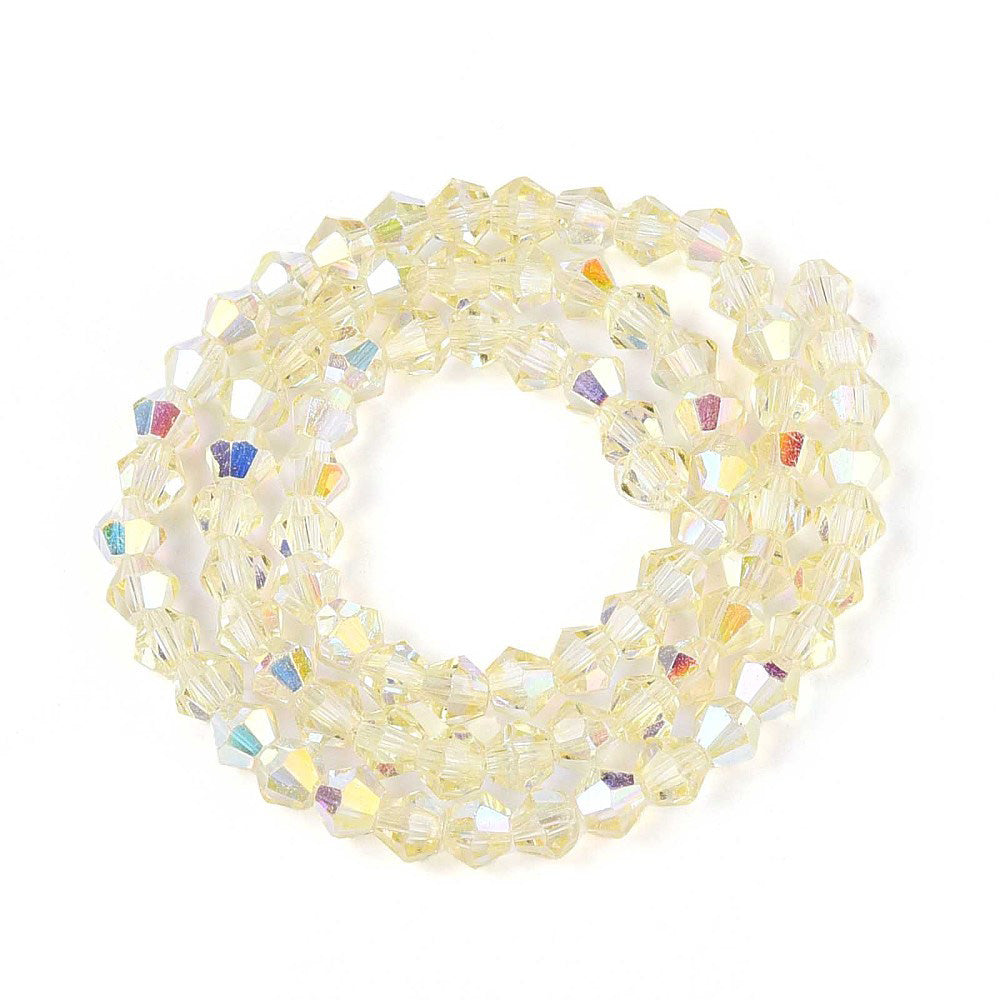 Bicone Glass Crystal Beads, AB Plated, Faceted, Light Yellow Color, 4mm