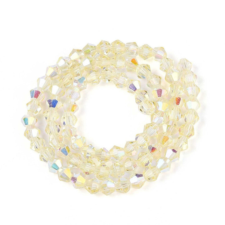 Bicone Glass Crystal Beads, AB Plated, Faceted, Light Yellow Color, 4mm