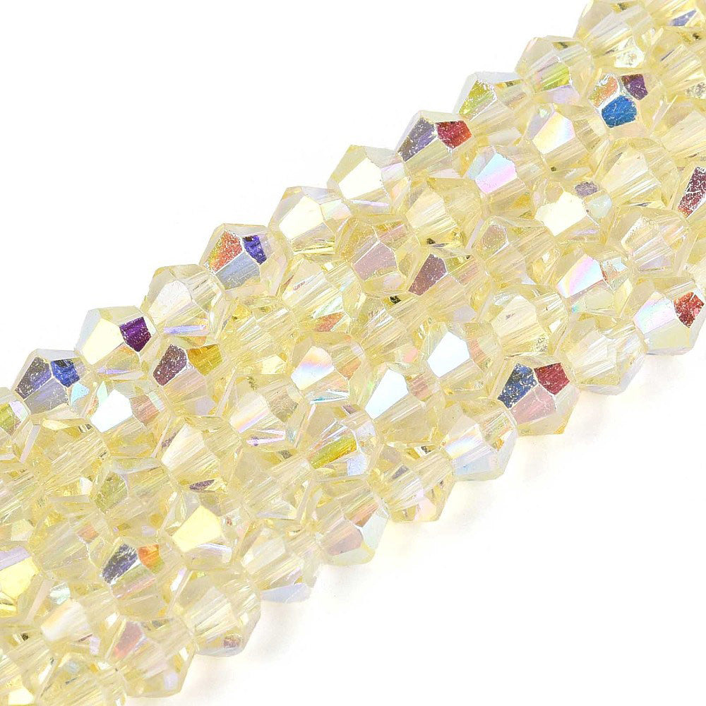 Bicone Glass Crystal Beads, AB Plated, Faceted, Light Yellow Color, 4mm