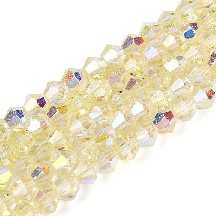 Bicone Glass Crystal Beads, AB Plated, Faceted, Light Yellow Color, 4mm