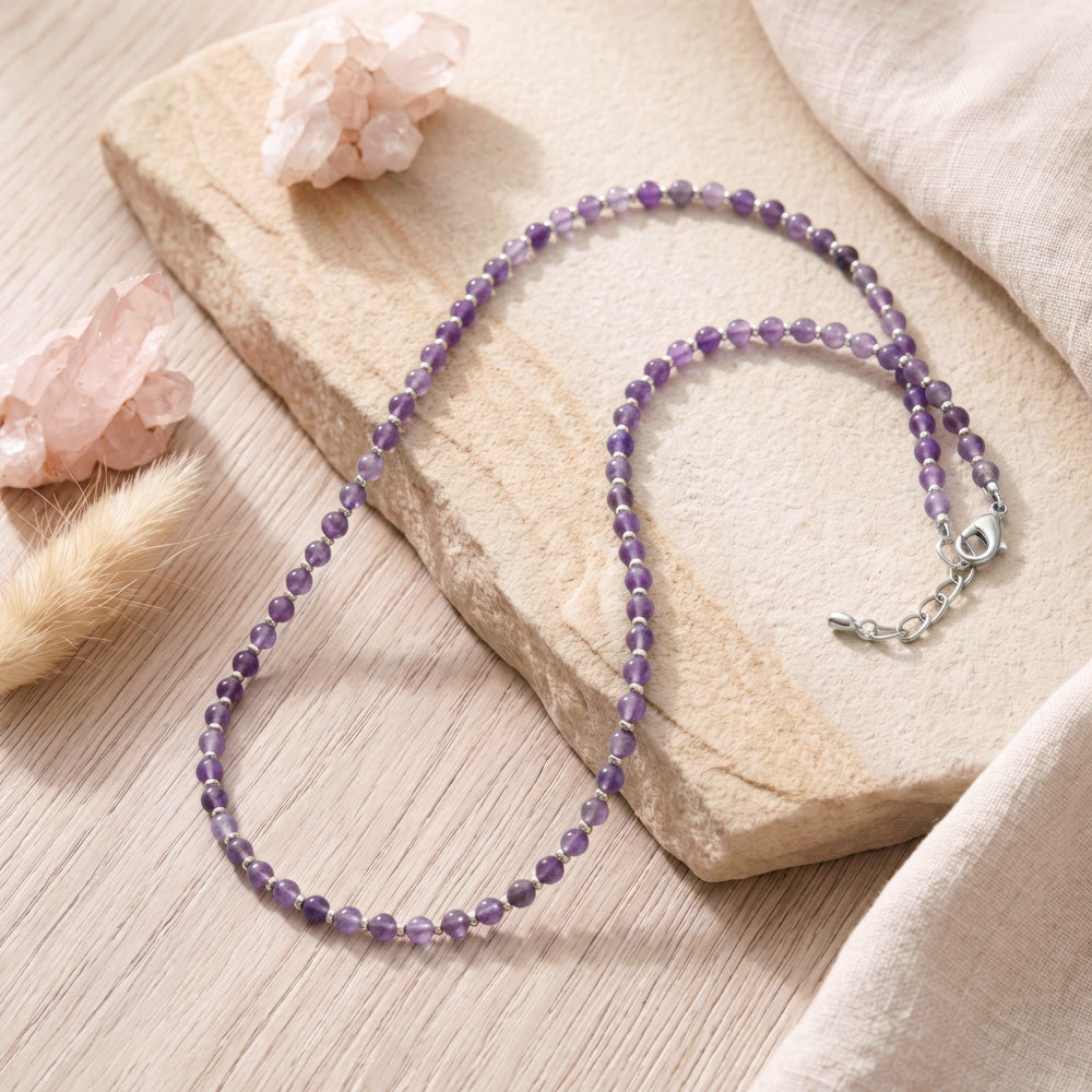 Amethyst Beaded Gemstone Necklace, 16" Inches