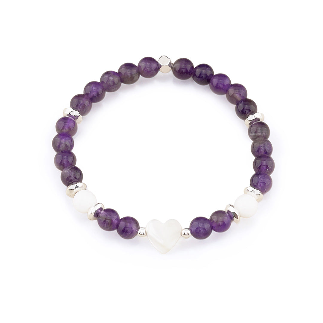 Crafted with 6mm amethyst and white jade gemstone beads, 6mm silver hematite rondelles, and 3mm silver hematite accents, this versatile piece pairs beautifully with everyday outfits and makes a thoughtful gift.