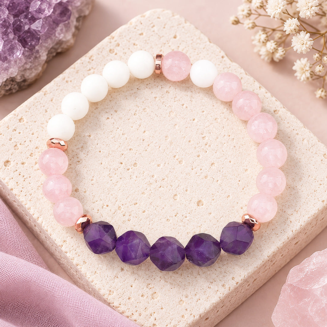 Amethyst, Rose Quartz, White Jade Beaded Gemstone Bracelet