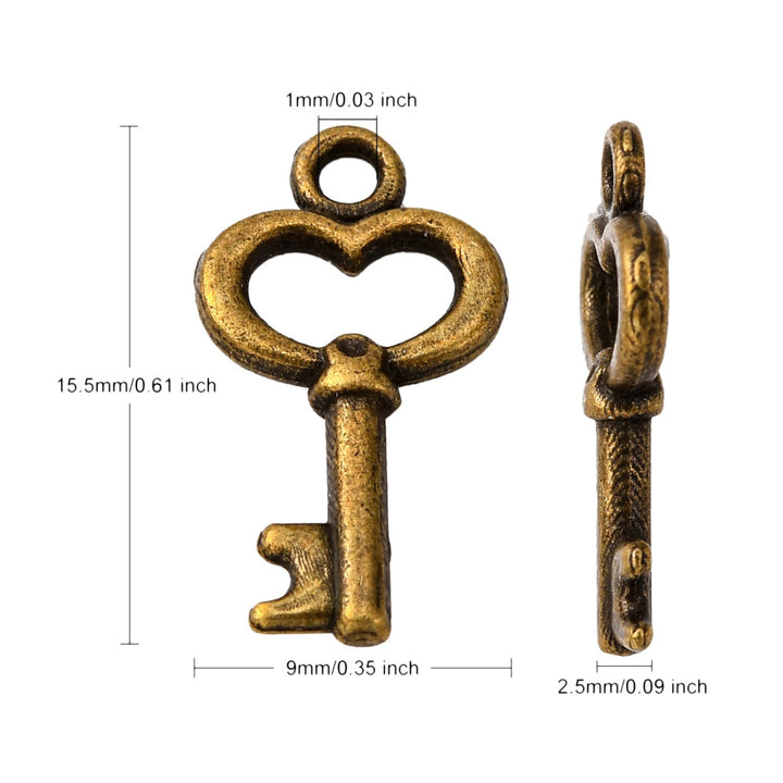 Skeleton Key Charms, Antique Bronze Colored Key Shaped Charms for DIY Jewelry Making.   Size: 9mm Width, 15.5mm Length, 2.5mm Thick, Hole: 1mm, Quantity: 10 pcs/package.   Material: Alloy (Lead, Cadmium & Nickel Free) Charms. Bronze Color. 