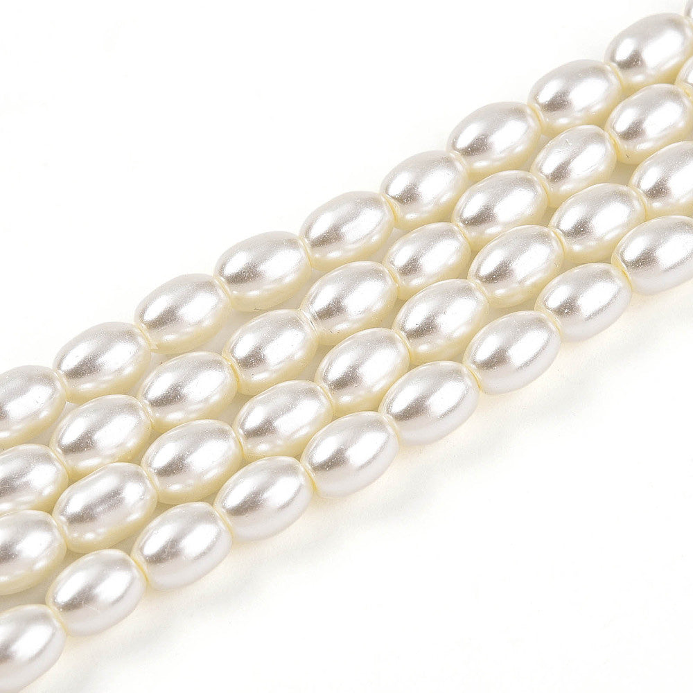 Rice Pearls, Glass Pearl Beads, Oval, Creamy White Color Pearls Beads for Jewelry Making.

Size: 6mm Length, 4-4.5mm With, Hole: 0.9mm, approx. 132pcs/strand, 30 inch/strand.

Material: The Beads are Made from Glass. Creamy White Color, Pearlized, Shinny Finish.