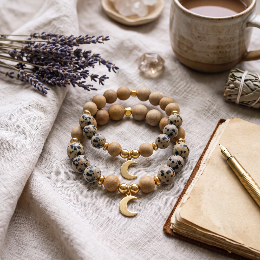 Dalmatian Jasper &amp; Burlywood Bracelet with Moon Charm