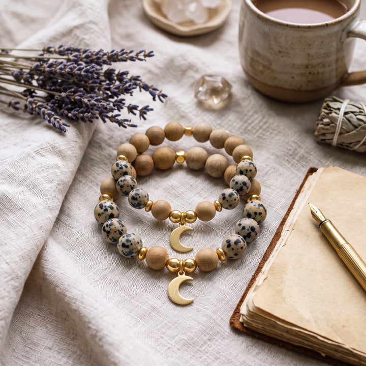 Dalmatian Jasper &amp; Burlywood Bracelet with Moon Charm