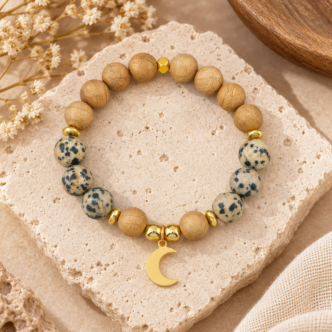 Dalmatian Jasper &amp; Burlywood Bracelet with Moon Charm