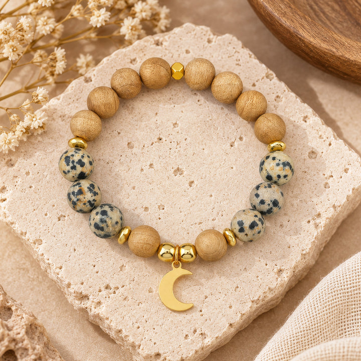 Dalmatian Jasper &amp; Burlywood Bracelet with Moon Charm