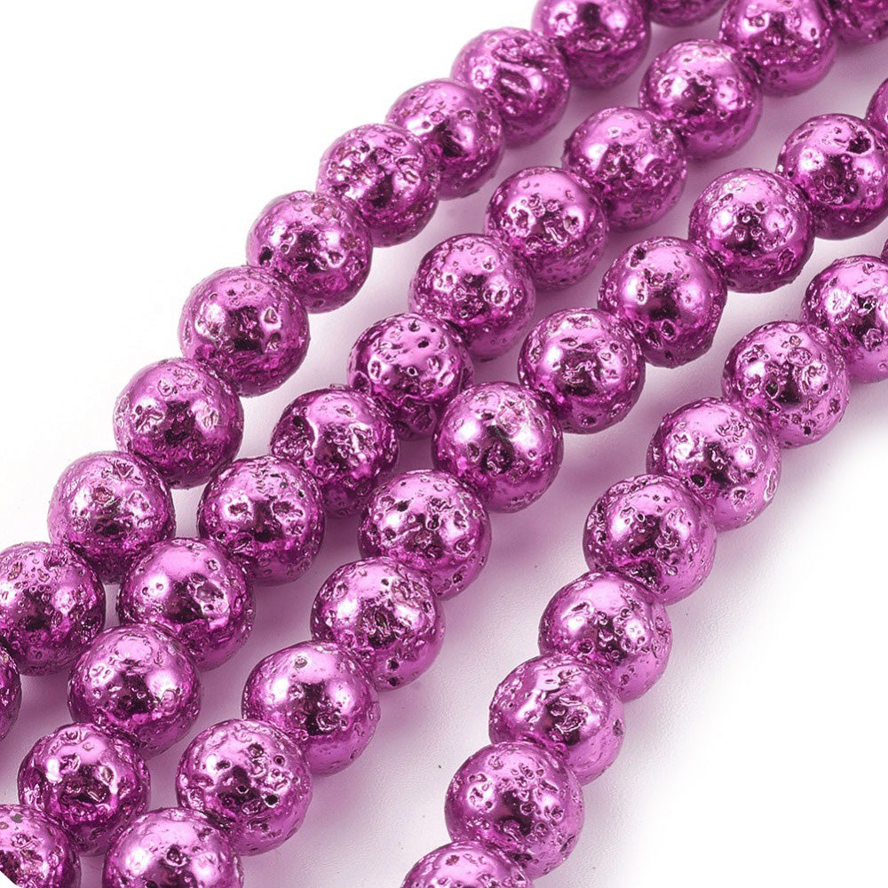 Pink Electroplated Lava Stone Beads, Round, Bumpy, Old Rose Pink Color Lava Beads for DIY Jewelry Making.  Size: 8-8.5mm Diameter, Hole: 1mm; approx. 45pcs/strand, 15" inches long.  Material: Electroplated Porous Lava Stone Beads, Hot Pink color Bumpy, Round Beads.