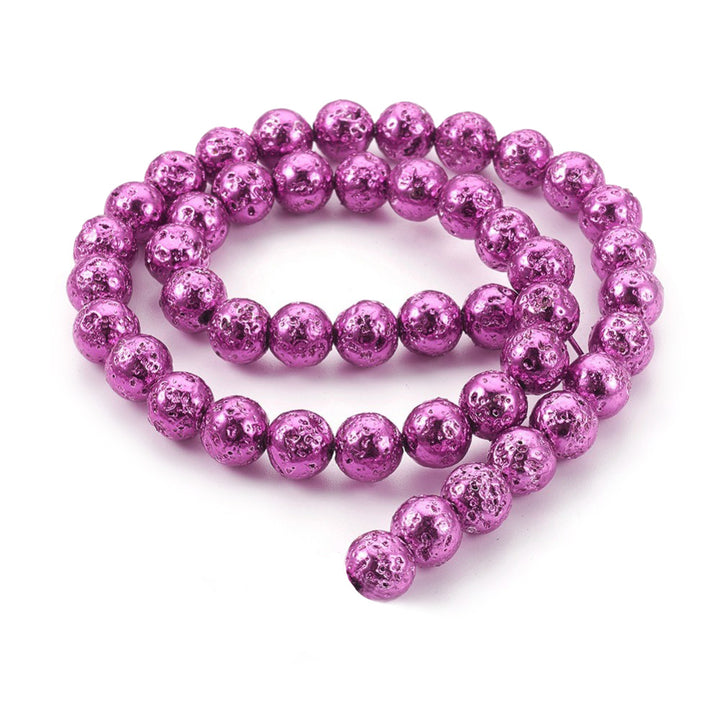 Pink Electroplated Lava Stone Beads, Round, Bumpy, Old Rose Pink Color Lava Beads for DIY Jewelry Making.  Size: 8-8.5mm Diameter, Hole: 1mm; approx. 45pcs/strand, 15" inches long.  Material: Electroplated Porous Lava Stone Beads, Hot Pink color Bumpy, Round Beads.