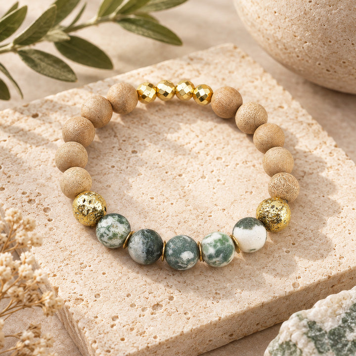 Tree Agate Stone, Gold Lava Bead, Burlywood Bracelet