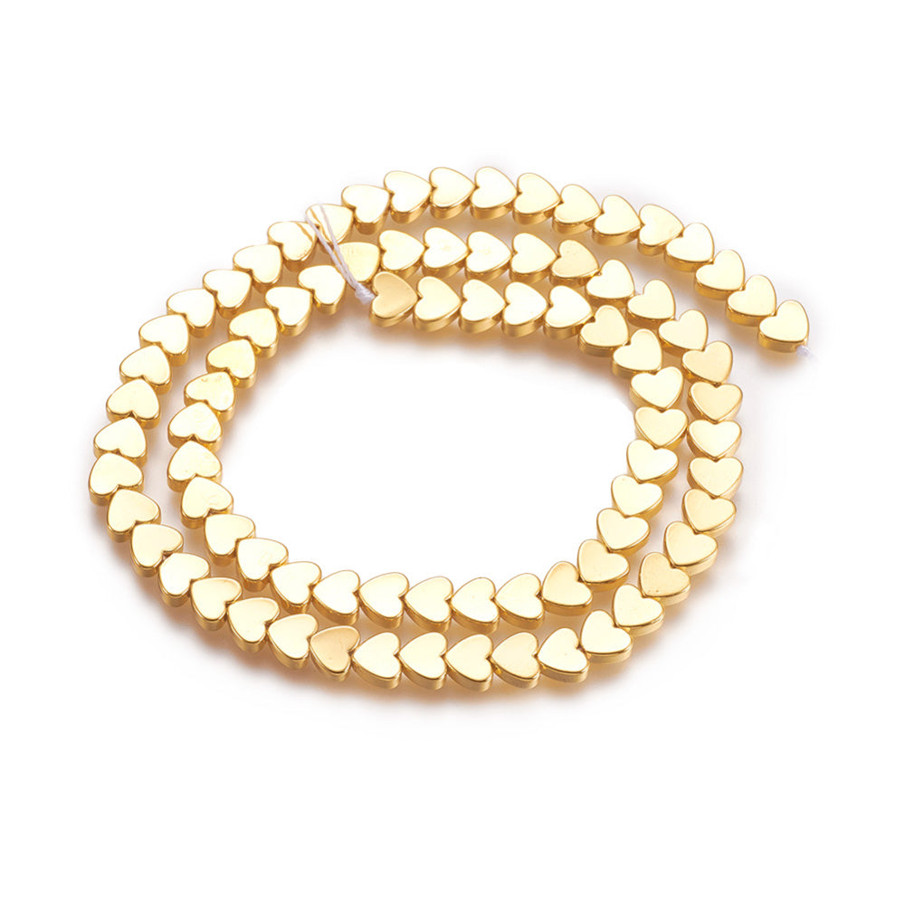 Gold Plated Non-Magnetic Synthetic Hematite Heart Beads for Jewelry Making.   Size: 6mm Length, 5mm Width, 2mm Thick, Hole: 1mm, approx. 80-83pcs/strand, 15.5" Inches Long.