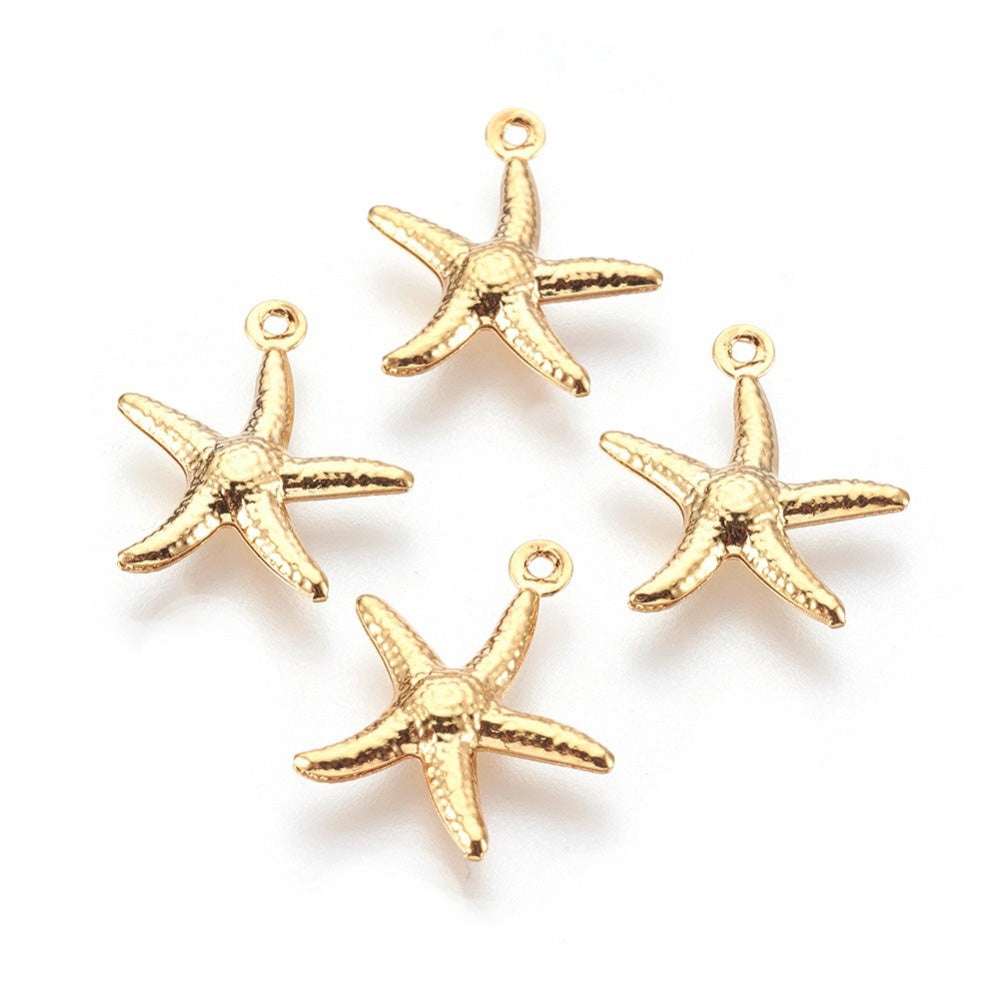 304 Stainless Steel Starfish Shaped Charms for DIY Jewelry Making.  Size: 17mm Length; 15mm Width; 2mm Thick; Hole: 1mm, Qty: 5pcs/package.  Material: 304 Stainless Steel Sea Stars Charms. Gold Color Starfish Pendant Charms.