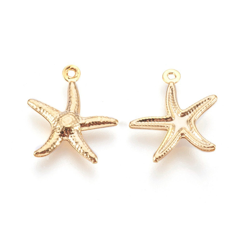 304 Stainless Steel Starfish Shaped Charms for DIY Jewelry Making.  Size: 17mm Length; 15mm Width; 2mm Thick; Hole: 1mm, Qty: 5pcs/package.  Material: 304 Stainless Steel Sea Stars Charms. Gold Color Starfish Pendant Charms.