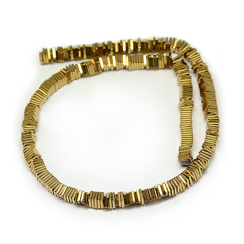 Dark Golden Plated Non-magnetic Hematite Heishi Beads, Thin Slice Flat Square Beads.

Size: 4mm width, 4mm length, 1mm thick, hole: 1mm; approx. 385pcs/strand, 15 inch.

Material: Grade A Electroplated Non-magnetic Synthetic Hematite. Dark Gold Plated.