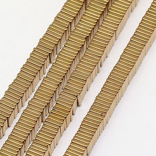 Dark Golden Plated Non-magnetic Hematite Heishi Beads, Thin Slice Flat Square Beads.

Size: 4mm width, 4mm length, 1mm thick, hole: 1mm; approx. 385pcs/strand, 15 inch.

Material: Grade A Electroplated Non-magnetic Synthetic Hematite. Dark Gold Plated.