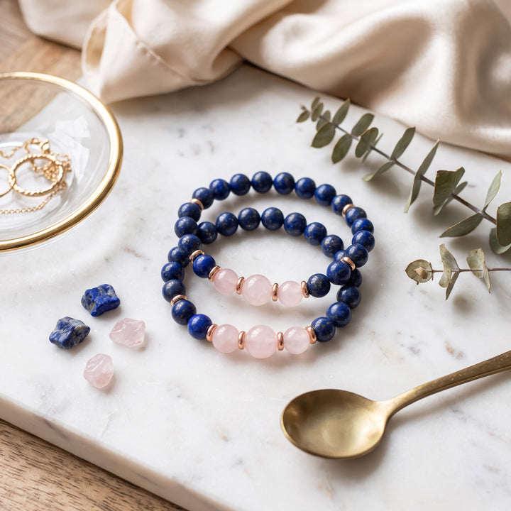 Lapis Lazuli &amp; Rose Quartz Bracelet, Rose Gold Bracelet