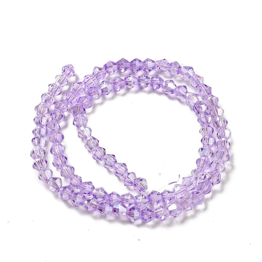 AB Color Plated Glass Beads, Faceted, Lilac Color, Bicone, Crystal Beads for Jewelry Making.

Size: 4.5mm Length, 4mm Width, Hole: 1mm; approx. 92pcs/strand, 13" inches long.

Material: Electroplated, AB Color Plated Austrian Crystal Imitation Glass Crystal Beads, Bicone, Lilac Purple Colored Beads. Polished, Shinny Finish.&nbsp;