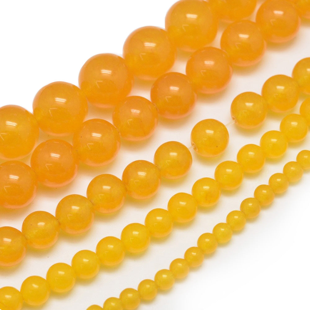 Yellow Jade Beads, Round, Golden Yellow Color. Semi-Precious Gemstone Beads for Jewelry Making.  Size: 6mm in Diameter, Hole: 0.8mm; approx. 62-64pcs/strand, 14.5" Inches Long.  Material: Yellow Aventurine Imitation Beads. Malaysia Jade Beads, dyed Yellow Color. Polished, Shinny Finish.